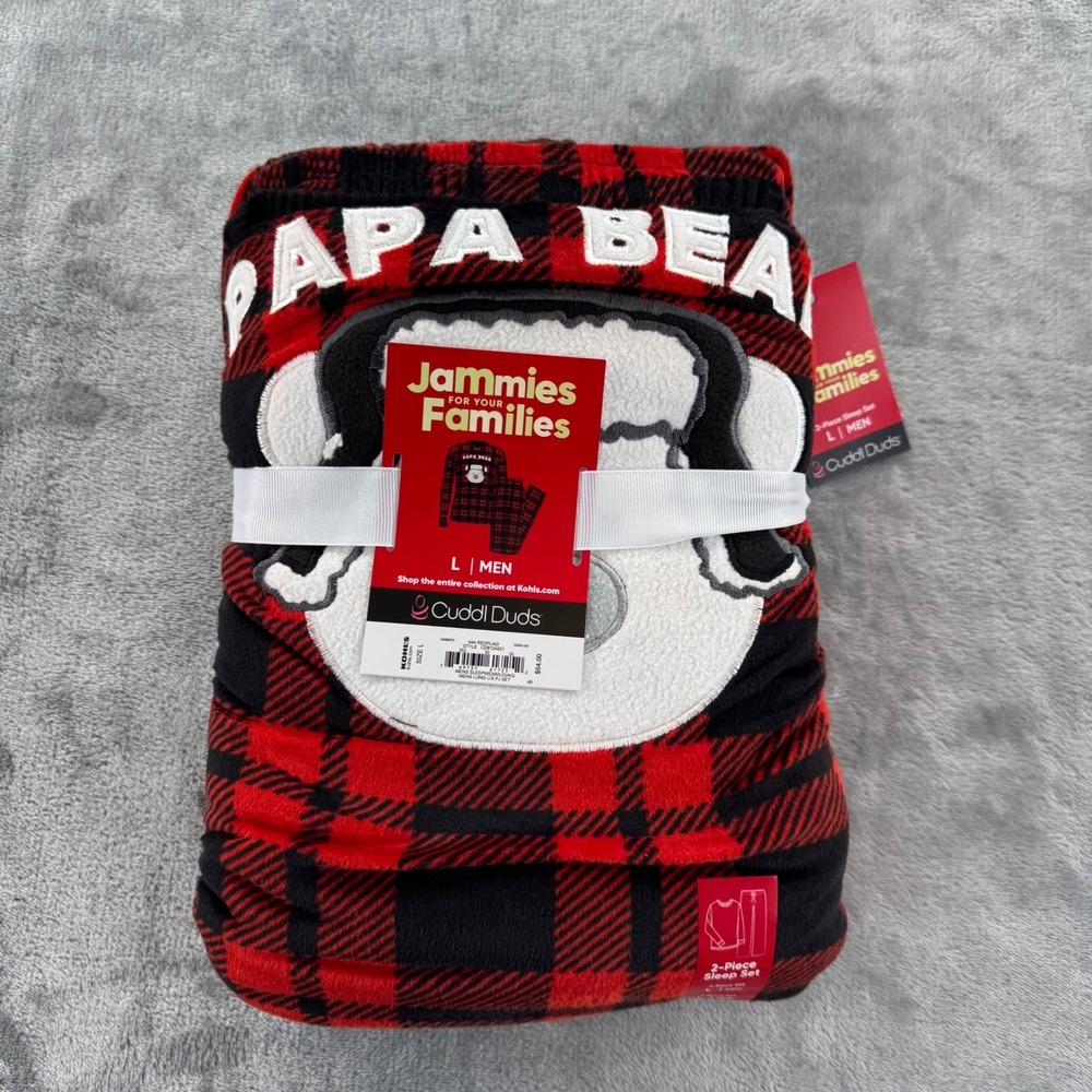 NWT Cuddl‎ Duds Mens Papa Bear Buffalo Plaid 2-Piece Pajama Set Red Black Large